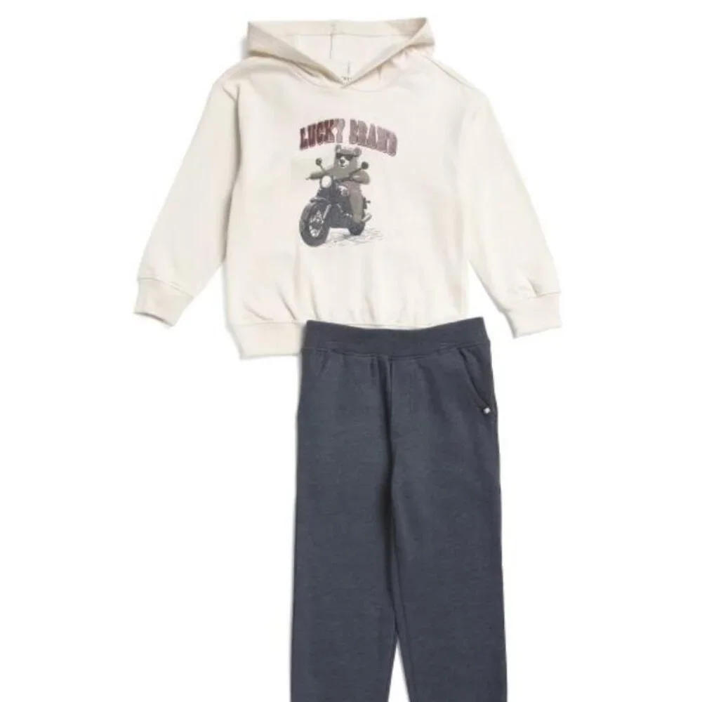 NWT LUCKY BRAND Boys 2pc Knit Hoodie and Joggers Set Bear Motorcycle Print Front